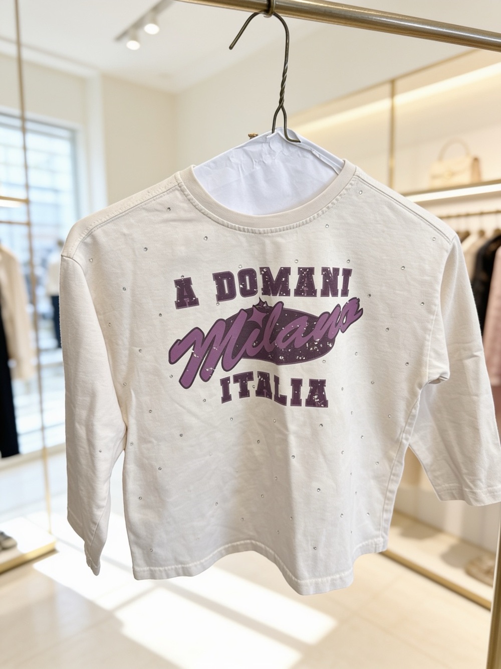 Zara Cream Long Sleeve Tee with Purple 'Milano' Graphic